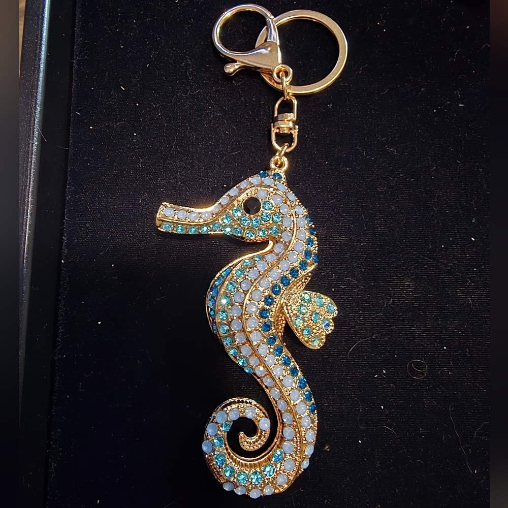 Adorable Gold-Tone Seahorse Crystal Bag Charm - Keychain